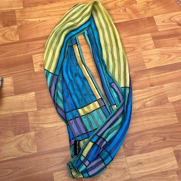 Jones New York Silk Scarf with Blue Yellow Gold Sparkle Thread - Picture 1 of 4